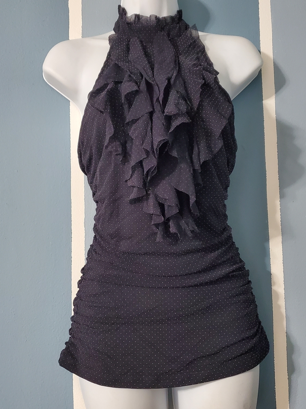 Charlotte Russe Navy Polka Dot Ruffle Halter Top